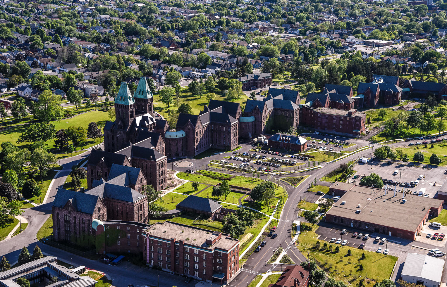 Photo of the exterior of the Richardson Olmsted Campus from above by Joe Cascio